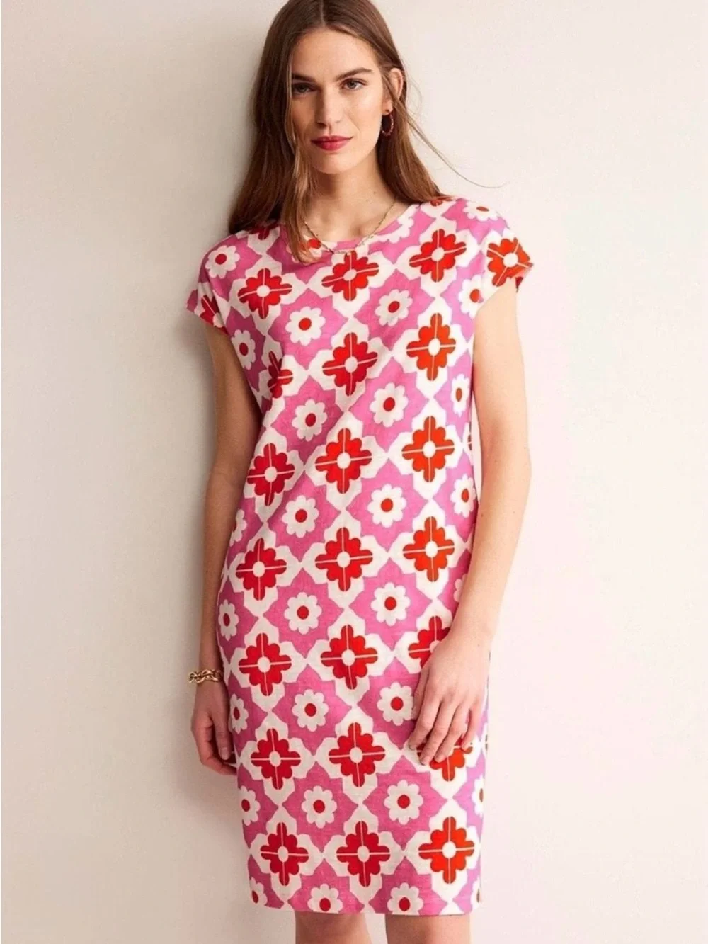 NWT BODEN RED PINK FLORAL LEAH PULLOVER COMFY JERSEY T-SHIRT DRESS US SZ 2 2R - Picture 1 of 7